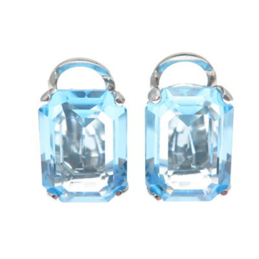 925 Sterling Silver Vintage Italy Emerald-Cut Nano Blue Topaz Clip On Earrings - Picture 4 of 8